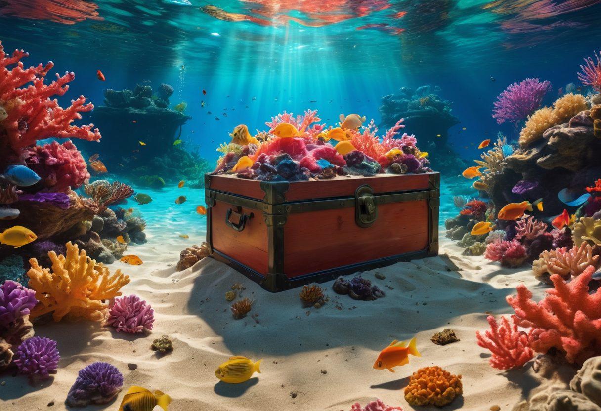 A whimsical underwater scene showcasing vibrant coral reefs teeming with colorful fish, where a mysterious treasure chest is partially buried in the sand, hinting at hidden adult anime and manga treasures. Soft glowing light filters through the water, illuminating the intricate details of the chest adorned with playful hentai-style artwork. In the background, silhouette figures of anime characters engage in playful antics, blending fantasy and allure. The overall atmosphere is enticing yet respectful, embodying an adventurous exploration. 3D. vibrant colors.
