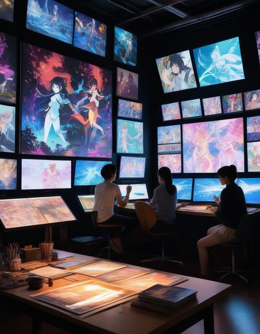 An artistic depiction showing a vibrant anime studio scene where artists are creating Hentai art. The foreground features a diverse group of creators discussing their animated characters, surrounded by sketches and digital screens. In the background, silhouettes of manga and anime posters with adult themes can be seen, blending fantasy and reality. Soft lighting and colorful palettes enhance the creative atmosphere, highlighting both the artistry and the adult entertainment aspect. super-realistic. vibrant colors. cinematic lighting.